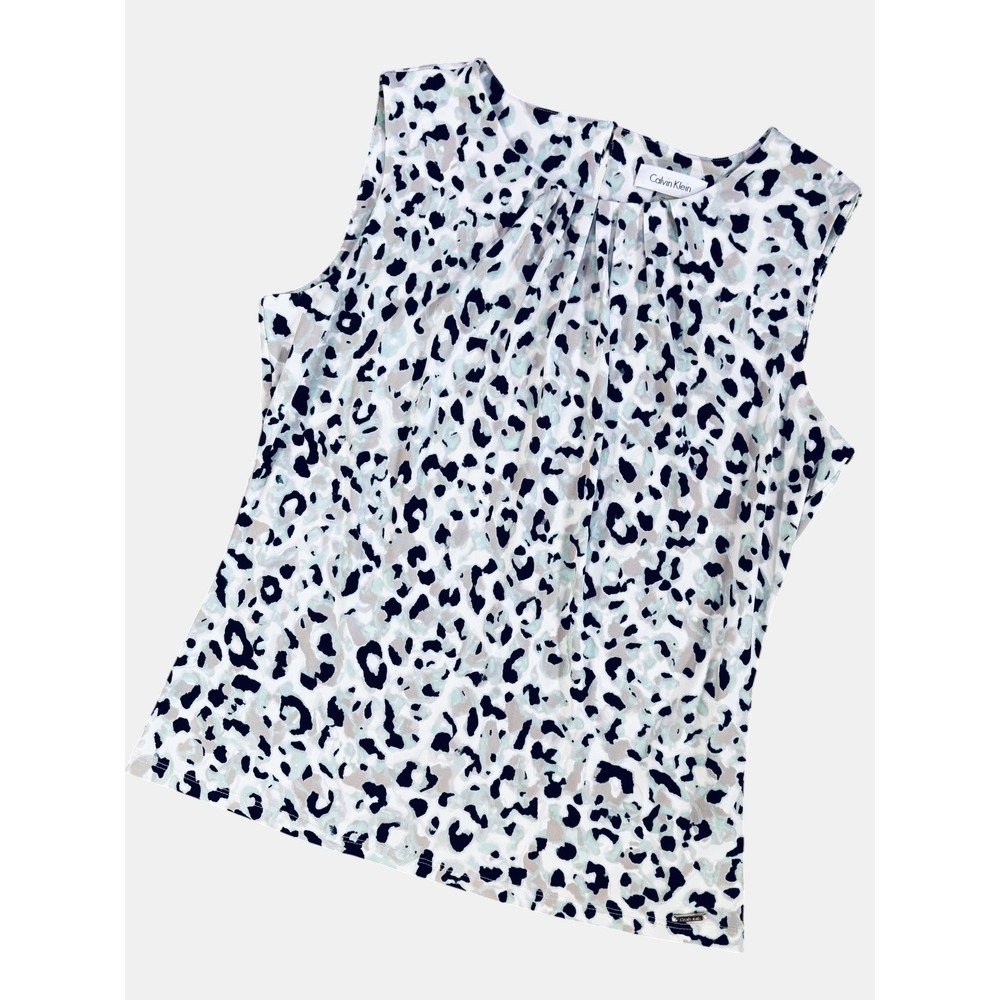Calvin Klein Abstract Animal Print Pleated Sleeveless Top L NWT